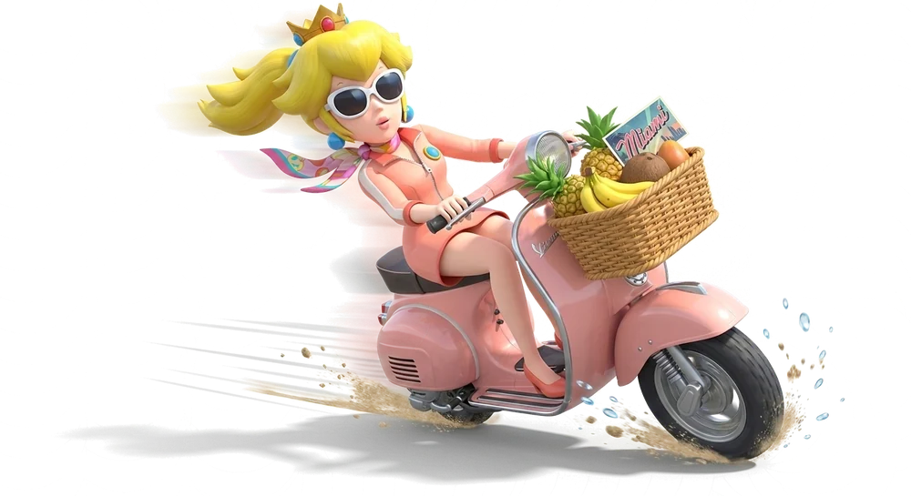 Peach on a pink scooter