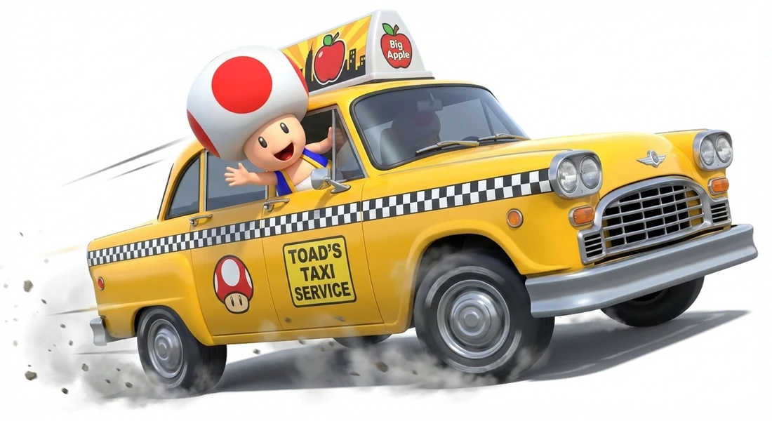 Toad driving a yellow taxi