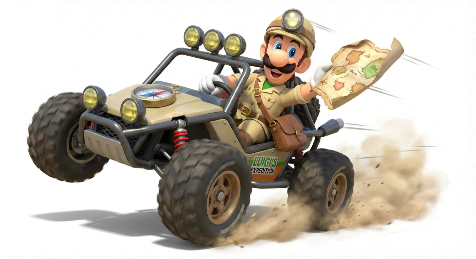 Luigi driving an expedition dune buggy holding a map